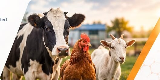 Cow, hen and goat